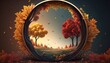 Generative AI illustration of colorful autumn trees with round shaped frame
