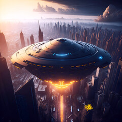Wall Mural - extraterrestrial starship, ufo, flying over a city. generative artificial intelligence.