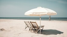 White Umbrella With Chairs On The Beautiful Sand Beach With Sea And Blue Sky In The Background 