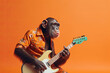 A chimpanzee musician playing guitar in a band. Generative ai