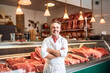 Man standing in front of shelves with raw meat. Male butcher or shopkeeper working in modern meathsop. Generative AI