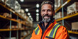 Portrait of warehouse worker wearing a hi-vis jacket stood in a distribution center. Generative ai
