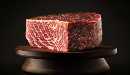 Raw Chuck eye roll Black Angus prime beef steak on butcher board with knife. Black background. (ai generated)