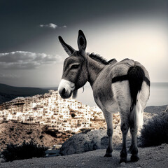 Donkey against the backdrop of a Greek city