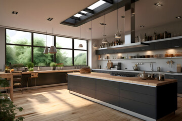 Wall Mural - a modern and bright kitchen - industrial metal and wood  - Generative AI