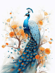 Naklejka na meble Illustration for greeting cards, Decorative Vintage Peacock bird sitting on a branch, Floral background, flower Illustration,  Exotic jungle Wallpaper. Generative AI