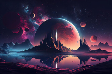 Wall Mural - modern futuristic fantasy night landscape with abstract islands and night sky with space galaxies. g