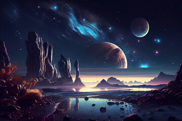 Wall Mural - modern futuristic fantasy night landscape with abstract islands and night sky with space galaxies. g