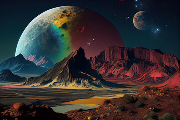 Wall Mural - random planet, multicolor mountains, green moon. generative ai