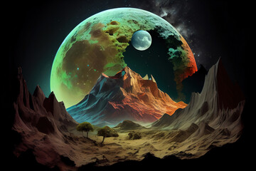 Wall Mural - random planet, multicolor mountains, green moon. generative ai