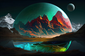 Wall Mural - random planet, multicolor mountains, green moon. generative ai
