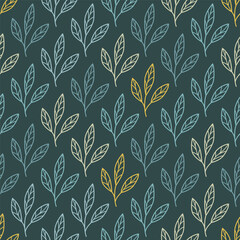 Wall Mural - Abstract outlined leaves and branches seamless pattern. Vector foliage silhouettes.