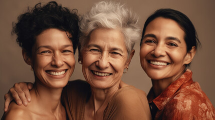 Three senior womens smile warmly in the beige studio. Generative AI