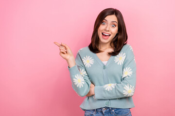 Wall Mural - photo of funny lady open mouth direct index finger empty space information wear cardigan jeans isola