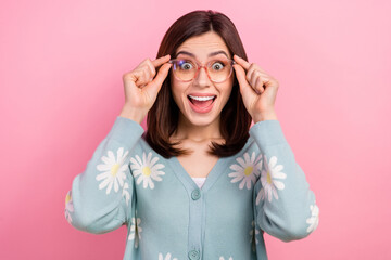 Poster - Photo of sweet impressed woman dressed teal outfit arms eyewear open mouth isolated pink color background