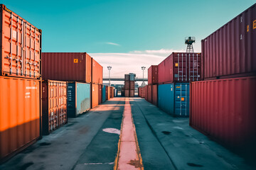 massive container ships lined up at an industrial port, their decks filled with neatly arranged cargo containers, representing the interconnectedness of global commerce. generative AI.