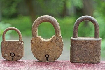 three very old rusty reliable different retro padlocks on a wooden surface on a green background outdoors in the 