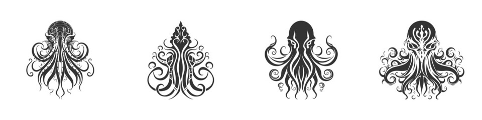 Black and white octopus logo. Cthulhu logo. Vector illustration.