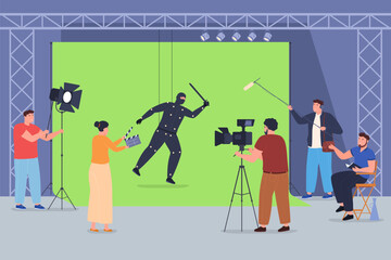 A group of people are shooting a movie in a movie studio. TV and film crew with cameras, lighting, microphones, the process of creating a movie. Vector illustration