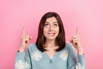 Sticker - Photo of shiny doubtful lady wear turquoise clothes looking showing two fingers up isolated pink color background