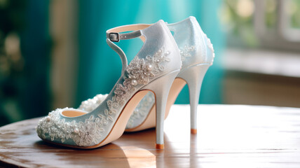 White Shoes on the Table. Wedding Shoes in the Room.  Women Shoes on Wooden Table. Generative AI. 