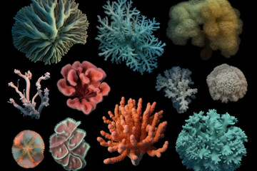 Wall Mural - Various beautiful corals isolated over a transparent background, ocean, sea, summer, beach, scuba diving,