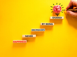 Wall Mural - Happiness symbol. Concept words Happiness never decreases by being shared on wooden block. Businessman hand. Beautiful yellow table yellow background. Motivational Happiness concept. Copy space.