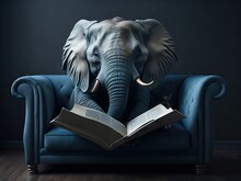 Elephant Reading Book On Sofa. Ai Generative