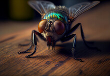 House Fly Sits On A Wooden Table. Ai Generated Generative AI