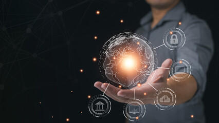 Businessman hand with globe and cloud computing diagram show on hand. Cloud technology. Data storage. Networking and internet service concept