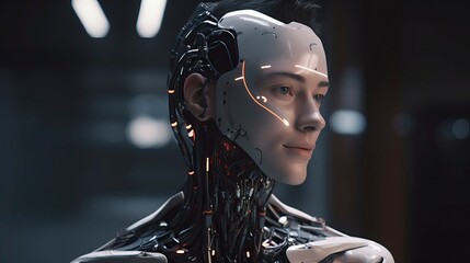 A cyborg humanoid robot in a futuristic setting, Generative AI