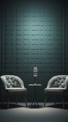 Two chairs and microphone in podcast or interview room on dark background as a wide banner for media talk or podcast station concepts with copy space.Generative AI