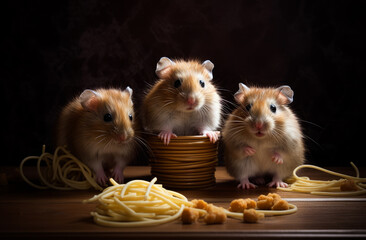 Wall Mural - Small hamsters portrait. Cute domestic animal funny mice. Generative AI.