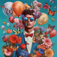 Surreal portrait of young man with flowers and balloons flying around, digital collage style. Generative AI art