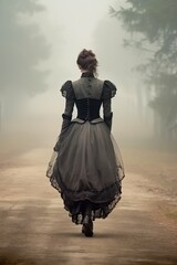 rear view of a regency woman wearing a black vintage dress walking away down a dirt path in a misty rural landscape. Brown hair pulled back in a bun.