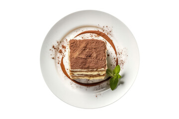 Sticker - Tiramisu On White Plate , On White Background Directly Above View. Isolated On Transparent Background, Png. Generative AI