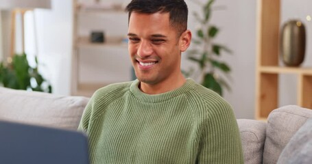 Sticker - Happy man, laptop and remote work in home, living room sofa and download social media on internet. Male freelancer typing on computer technology, online network and reading blog of elearning website