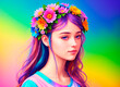 © Anton Dios - Portrait beautiful girl with flowers on her head. Woman with flower arrangement on head. Generative AI.