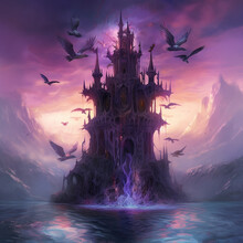 Gothic Tower On Top Of Wet Rock With Gargoyles On It, Purple Sky