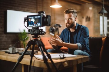 Candid image of a man recording a video podcast or YouTube video. He's speaking into the camera, illustrating the spontaneity and authenticity of contemporary digital communication, generative ai
