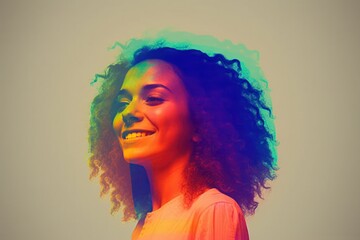 Long exposure photo of an African American woman, enhanced with a vibrant rainbow color overlay. Her joyful expression complements the image's dynamic and lively aesthetic, generative ai