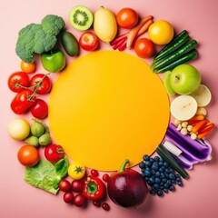 Wall Mural - Round rainbow colored composition with white empty paper and fresh fruits with vegetables. AI generative illustration.