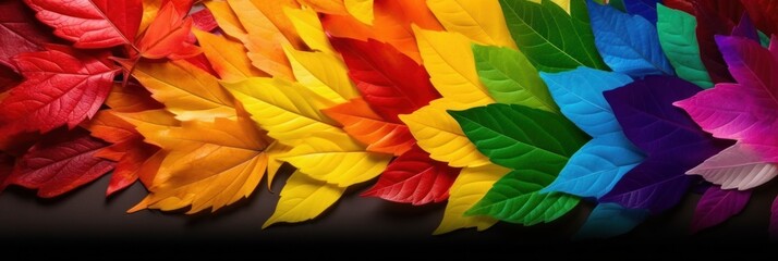 Wall Mural - Rainbow colored realistic autumn leaves. AI generative illustration.