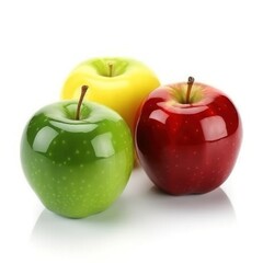 Wall Mural - Three red, yellow and green realistic glossy apples isolated. AI generative illustration.