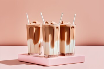 Poster - Tall glasses of iced coffee with milk on a pink background. Refreshing Summer Drink Concept. Generative AI