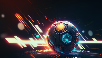 cyber futuristic soccer ball or football with neon glowing. futuristic background - copyspace area. 