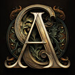 Letter A monogram. Nice wrought iron letter, entwined by floral pattern. Metallic, brown, gold colors symbol. AI generative