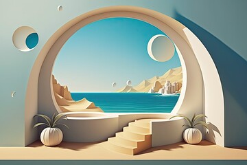 Sticker - In natural day light, a summer landscape with geometrical shapes, an arch, and a platform. A view of the sea. background. Generative AI