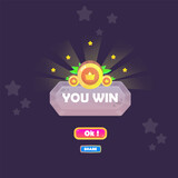 Fototapeta  - You Win Game UI Badge Pop Up Icon Reward Prize Premium Coins Stars Stone Button Magic Shine Buttons Cartoon Cute Vector Design