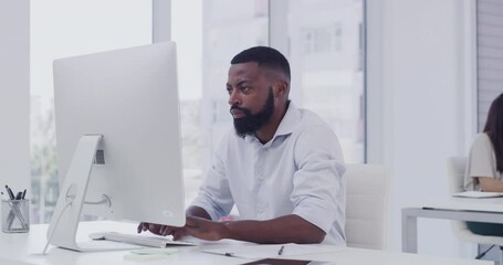 Wall Mural - Business, man and typing on computer with research at the office for creative communication. Professional, male and working with screen with technology at a desk for connection with internet.